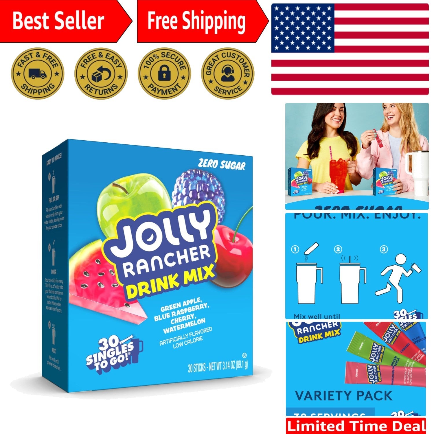 Jolly Rancher Singles to Go Variety Pack - Zero Sugar, 30 Servings of Flavor