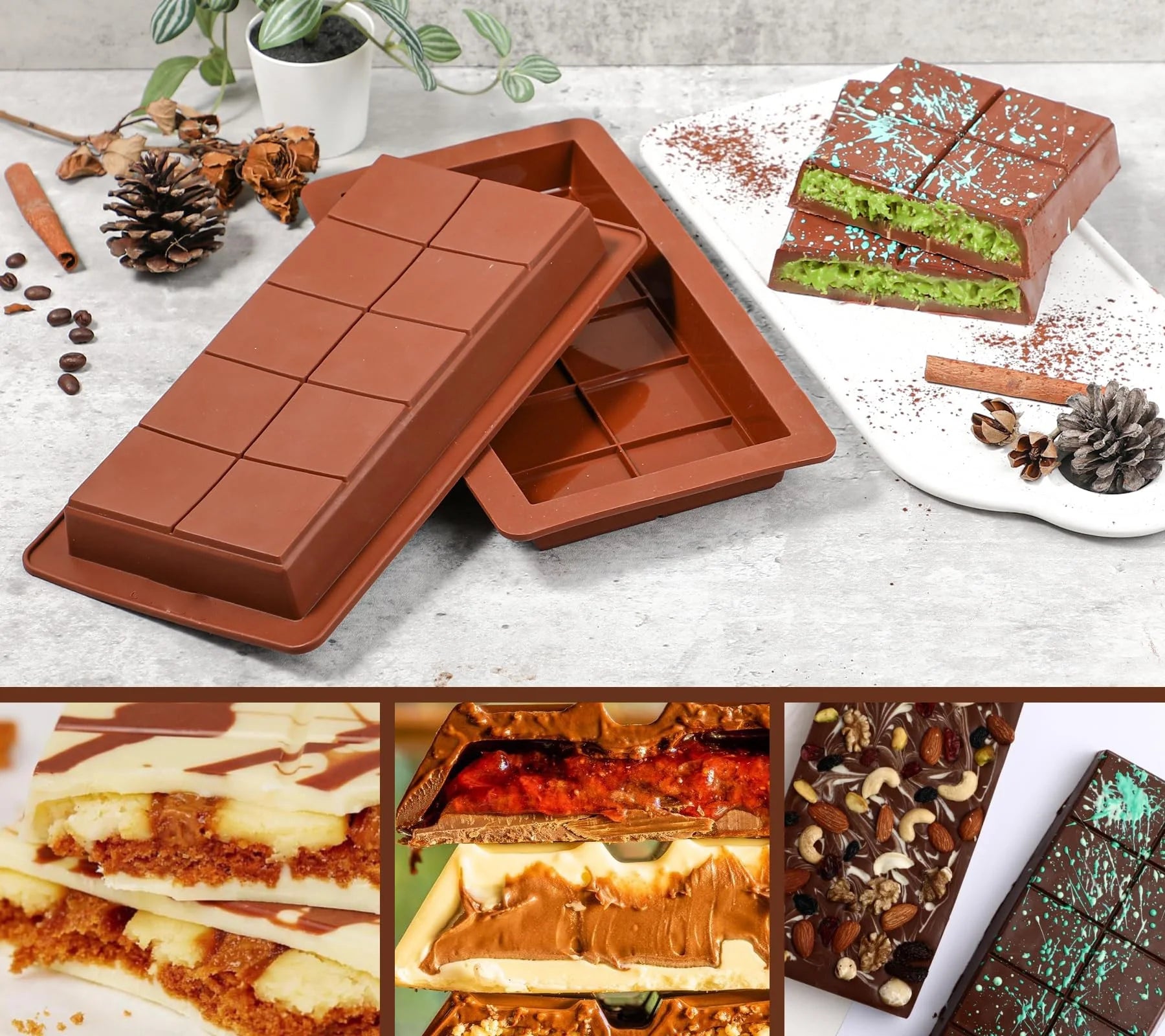 Large Chocolate Bar Mold Deep Dubai, 1 Inch Thick Chocolate Bar Molds Silicone for Filling Knafeh Pistachio, Chocolate Mold for Baking, Silicone Molds+Scraper