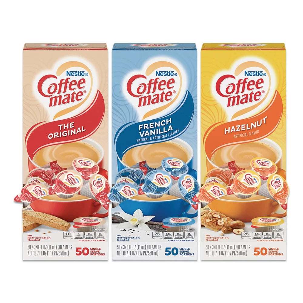 Coffee-Mate 12408209 0.38 Oz. Mini Cups Liquid Coffee Creamer - French Vanilla/Hazelnut/Original (150/Carton)