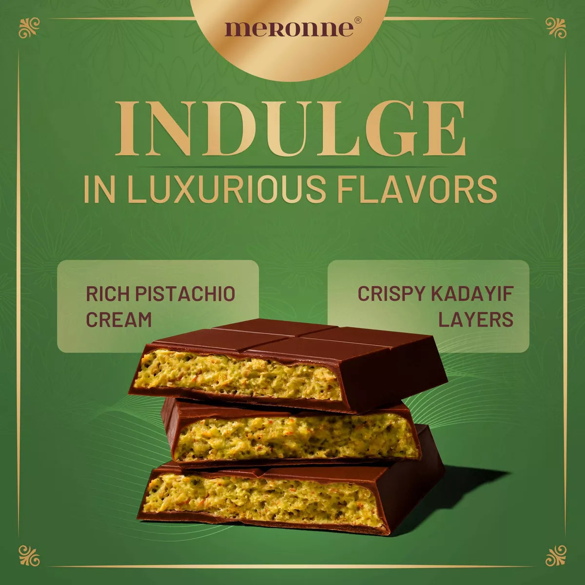 Meronne Dubai Milk Chocolate Filled with Pistachio Cream & Crispy Kadayif - 7Oz