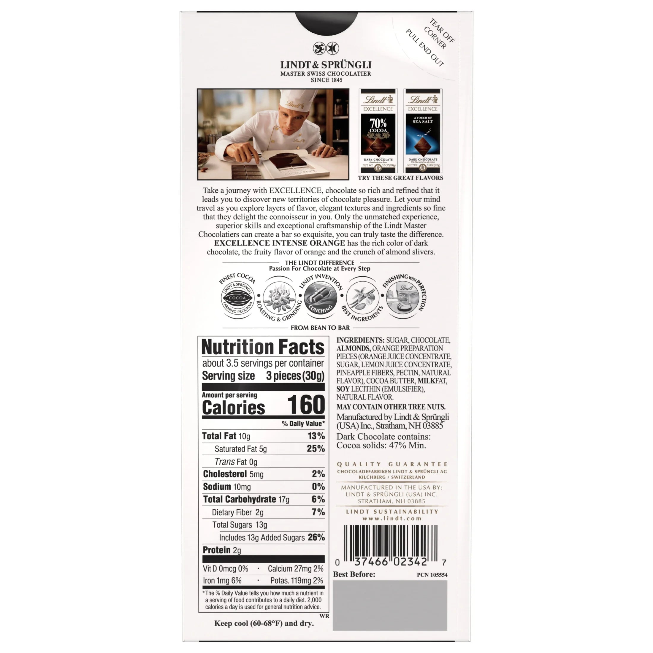 Excellence Intense Orange Dark Chocolate Candy Bar, 3.5 Oz, Bar