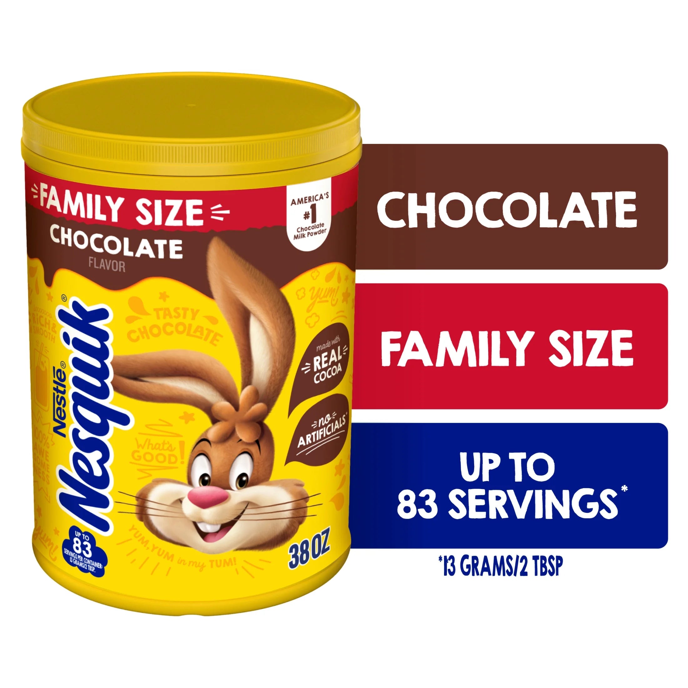 (4 Pack) Nestle Nesquik Chocolate Flavor Powder Stir in Drink Mix Canister, 38 Oz Canister, 83 Servings