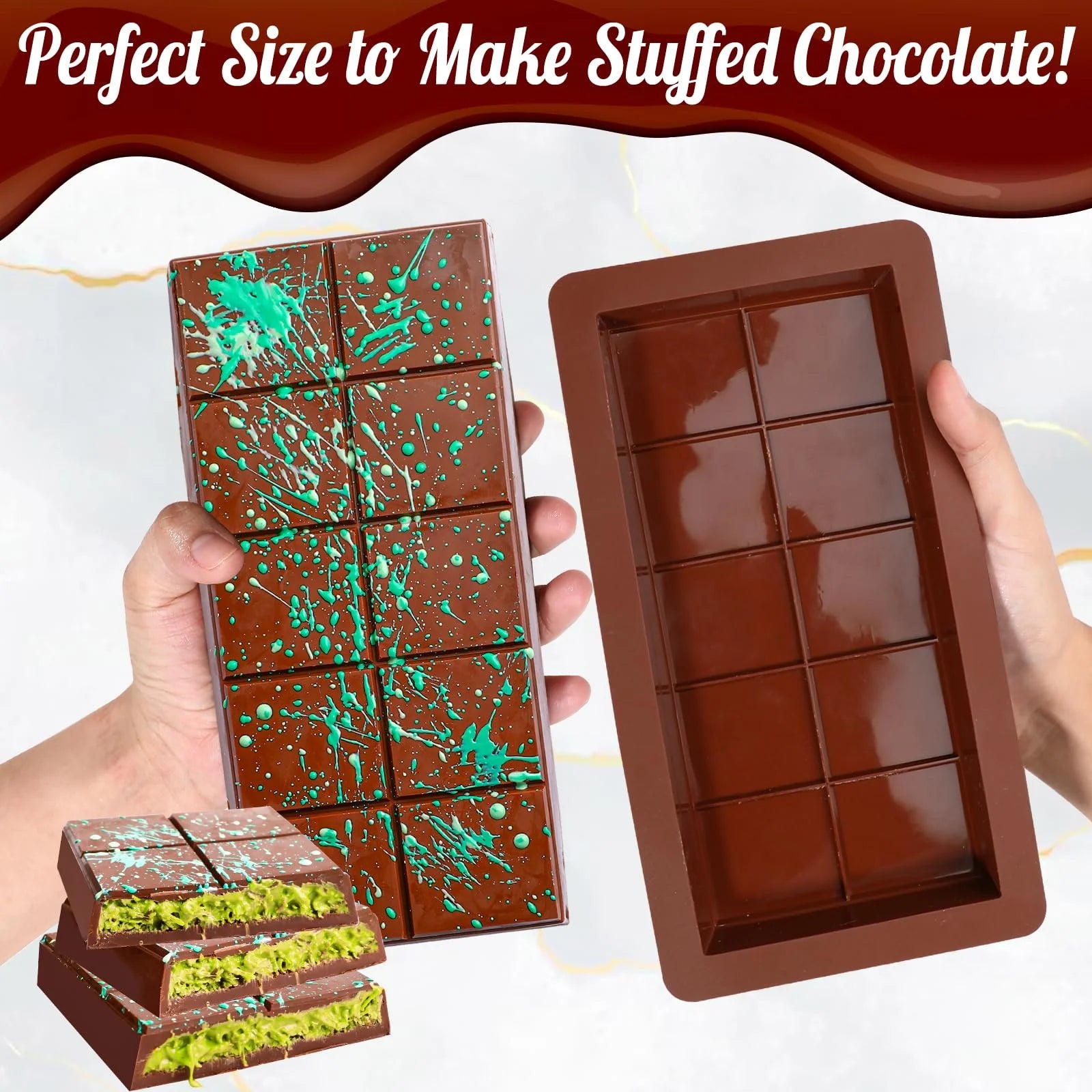 Large Chocolate Bar Mold Deep Dubai, 1 Inch Thick Chocolate Bar Molds Silicone for Filling Knafeh Pistachio, Chocolate Mold for Baking, Silicone Molds+Scraper