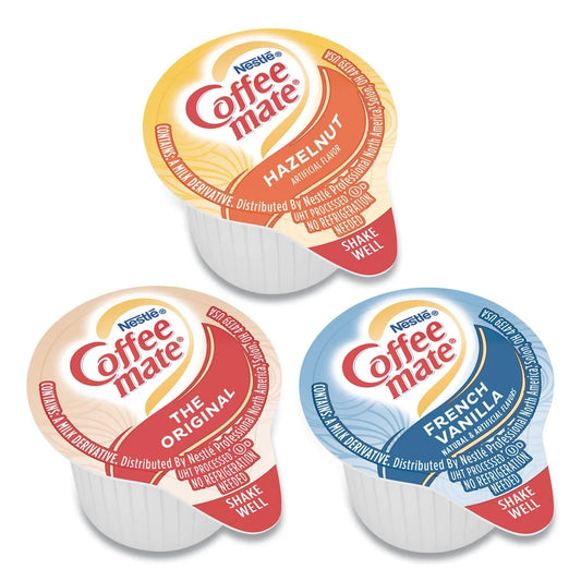 Coffee-Mate 12408209 0.38 Oz. Mini Cups Liquid Coffee Creamer - French Vanilla/Hazelnut/Original (150/Carton)