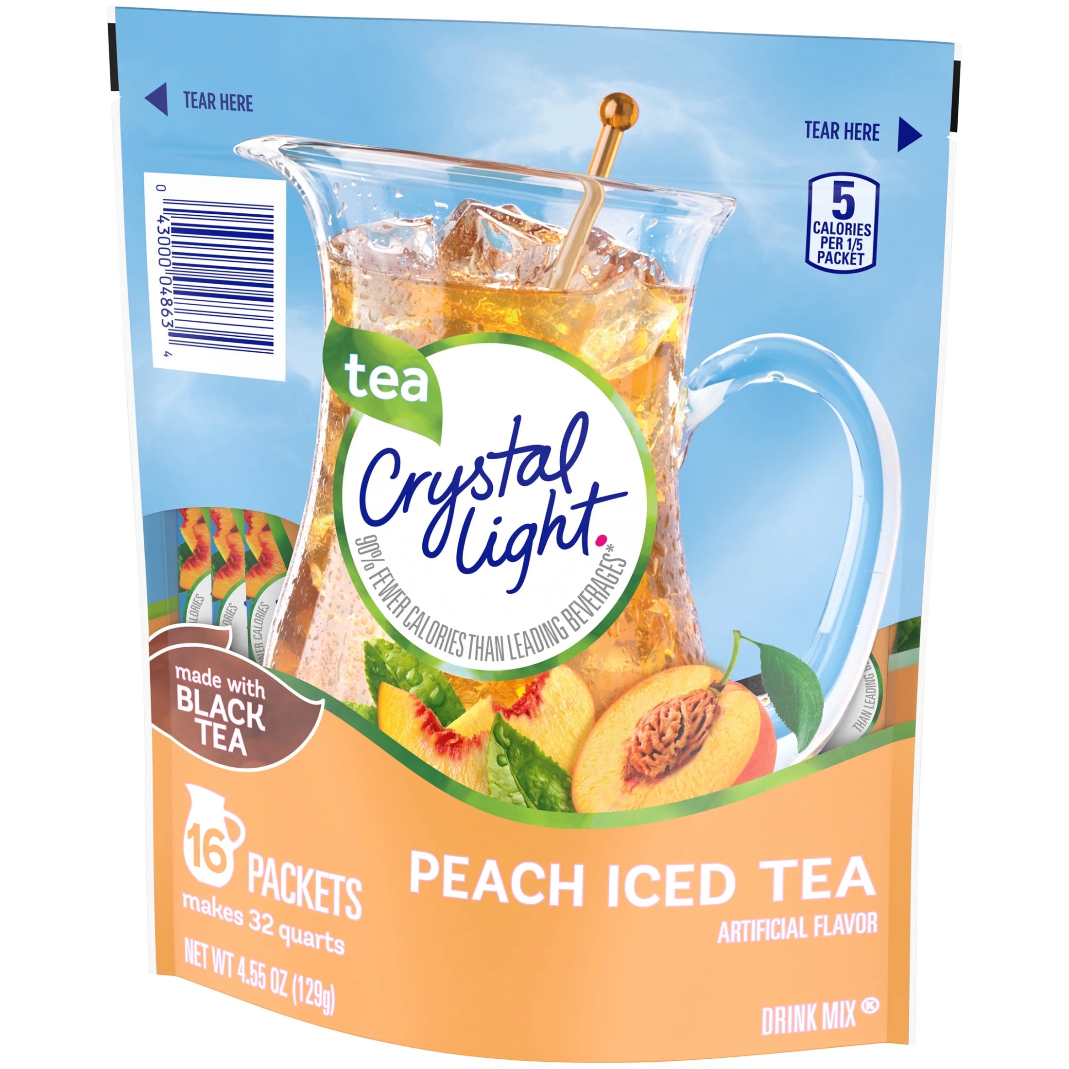Drink Mix, 16 Pitcher Packets, for Flavorful Hydration and Shareable Refreshment, Artificially Flavored Peach Iced Tea, Made with Black Tea, 4.55 Oz