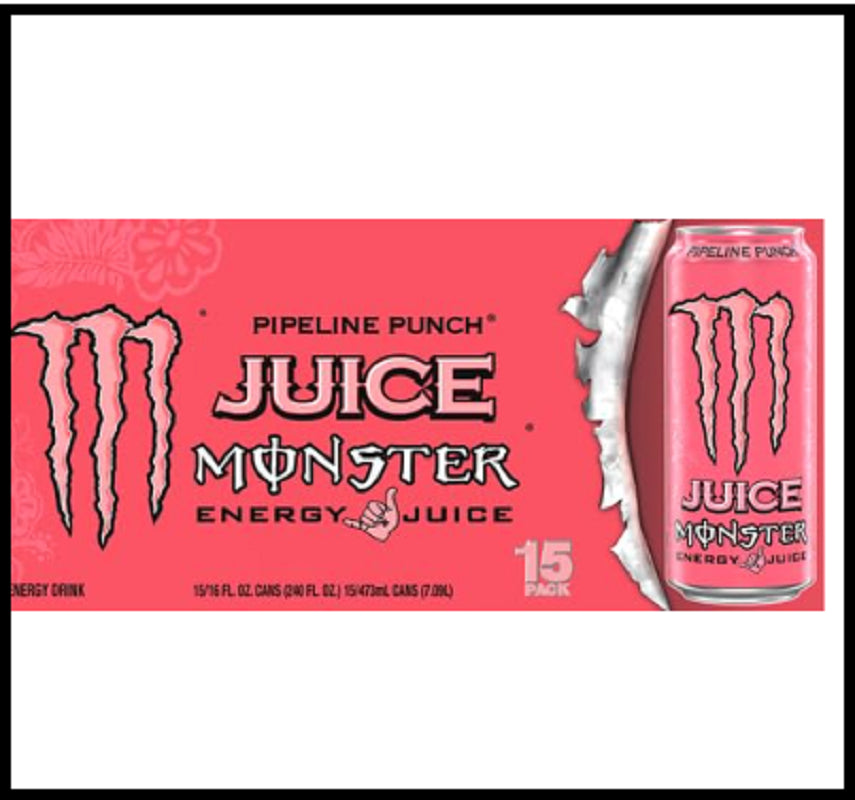 (15 Pack) Monster Pipeline Fruit Punch Sports Drink, Energy + Juice, 16 Fl Oz