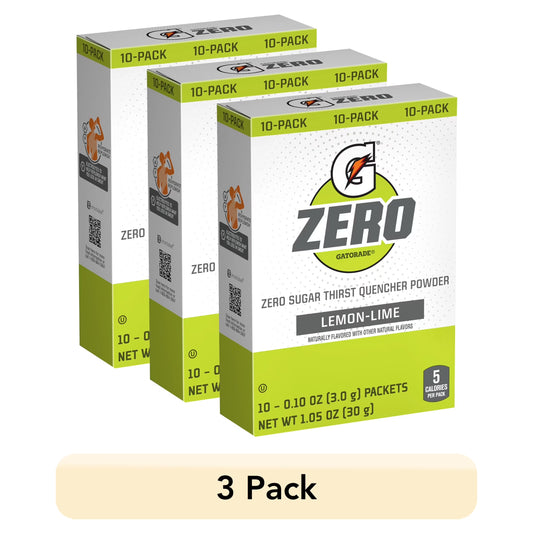 (3 Pack)  G Zero Sports Drink Lemon Lime, Powdered Energy Drink Mix, 0.10 Oz, 10 Count Packets