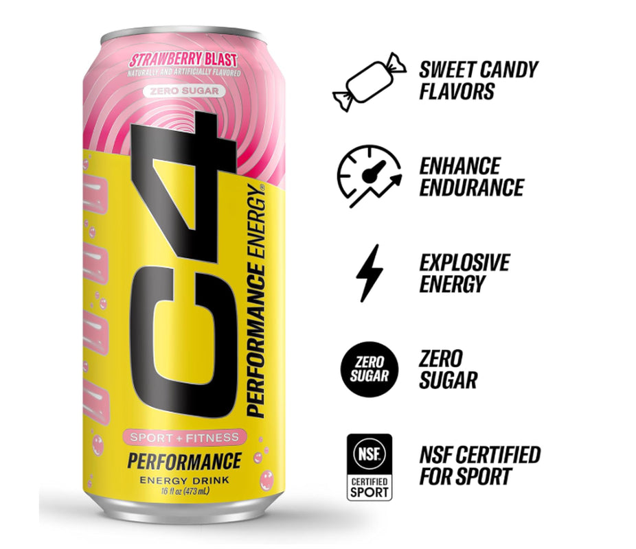 C4 Energy Drink Pack of 12 Strawberry Blast Flavors Sugar Free 200Mg Caffeine