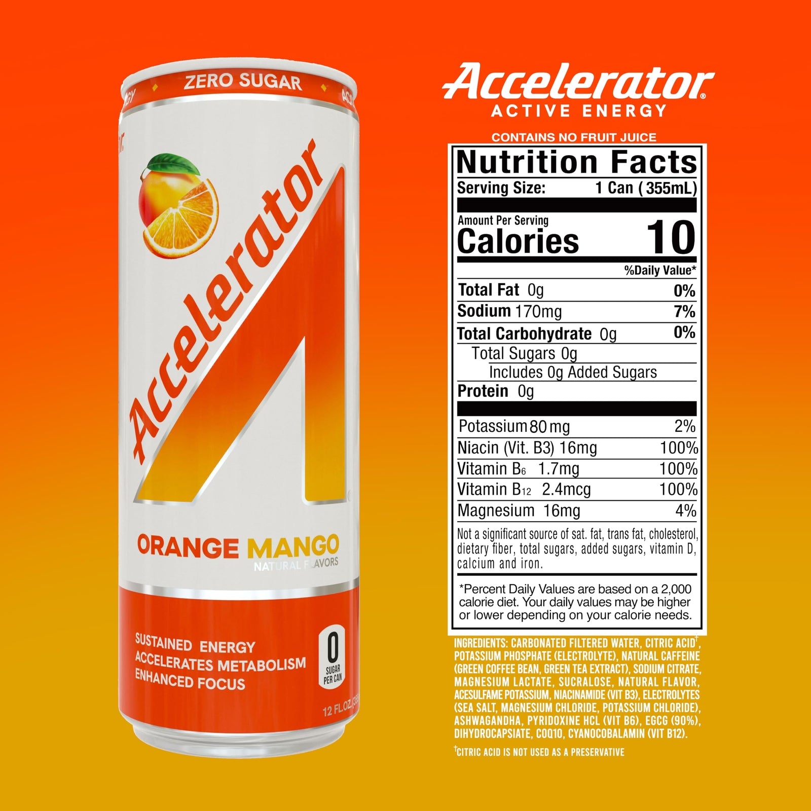 Accelerator Active Energy Drink Orange Mango Zero Sugar 12 Pack 12 Fl Oz