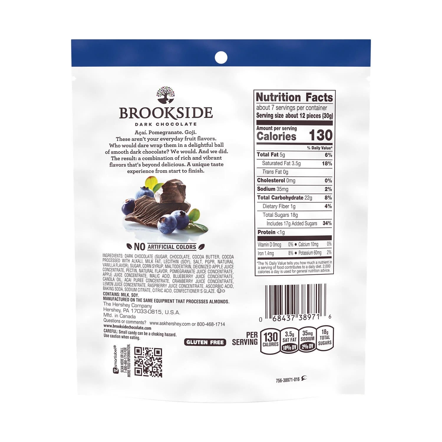 Dark Chocolate, Acai and Blueberry Flavored Snacking Chocolate, Bag 7 Oz