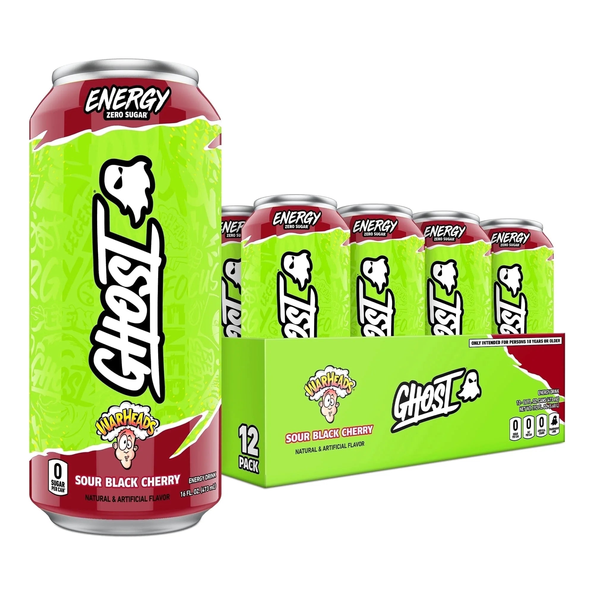 Zero Sugar Energy Drink, WARHEADS Black Cherry, 16 Oz Can, 12 Pk